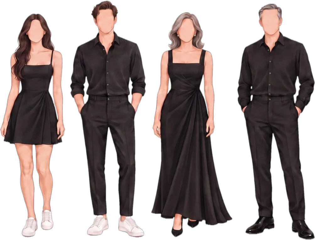 Total black: vestido corto con tenis blancos, camisa y pantalón negros con tenis, vestido largo negro, camisa y pantalón negros con zapatos